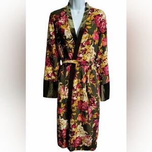 NYC & Co Velvet Trim Kimono Robe Floral Earthy Fairy Goblin Bookish Old Money S